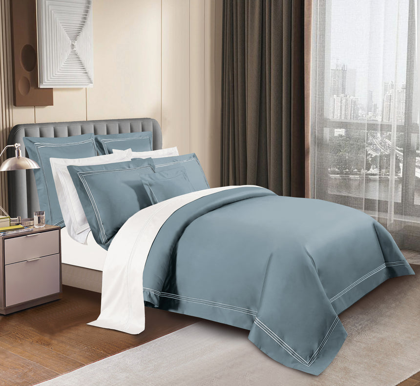 Egyptian Cotton (Three Line Top Stitch) Bedset - Blue Stone - Queen