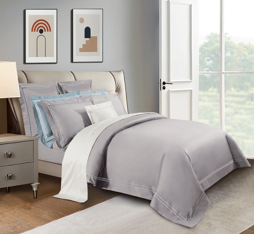 Egyptian Cotton (Three Line Top Stitch) Bedset - Silver - Queen